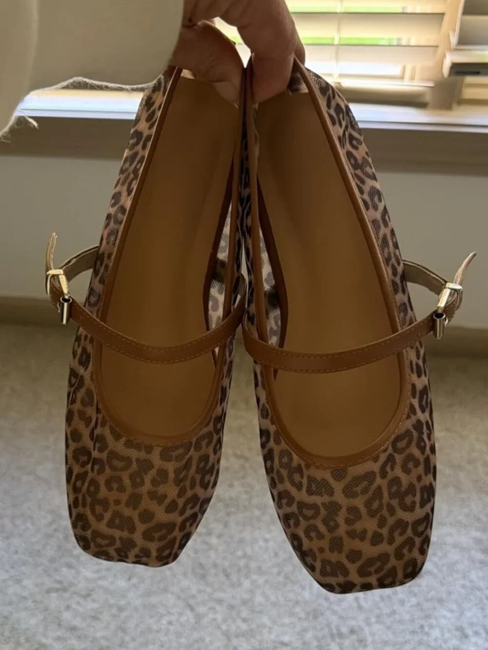 Women's Brown Leopard Mesh Square Closed Toe Mary Jane Ballet Flats Shoes